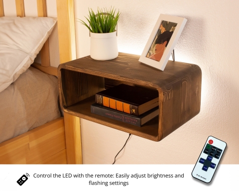 Curved Wooden Floating Nightstand, Handmade Bedside Table with Dimmable LED - Vancouver