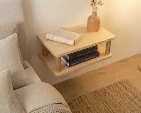 Floating Nightstand with Dual Shelf, Bedside Table - Natural
