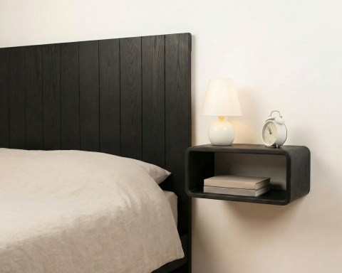Curved Wooden Floating Nightstand, Handmade Bedside Table - Black