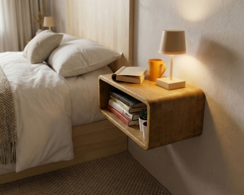 Curved Wooden Floating Nightstand, Handmade Bedside Table - Cape Town