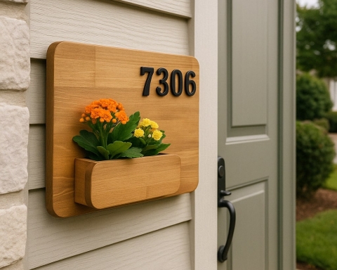 Wooden House Number Sign with Succulent Planter - Cape Town
