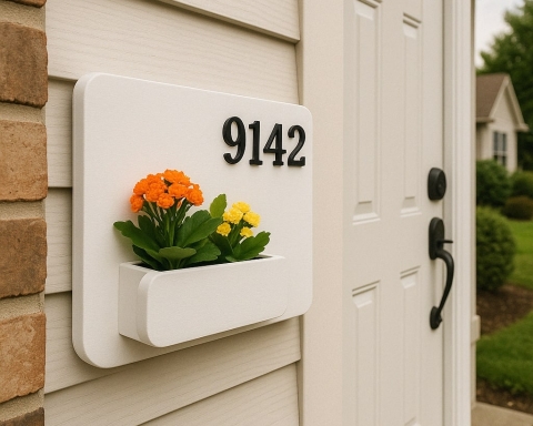 Wooden House Number Sign with Succulent Planter - White