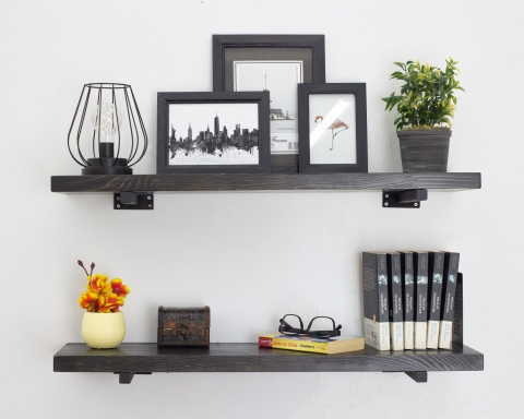 Floating Shelves with Minimalistic Style Metal Brackets - Black