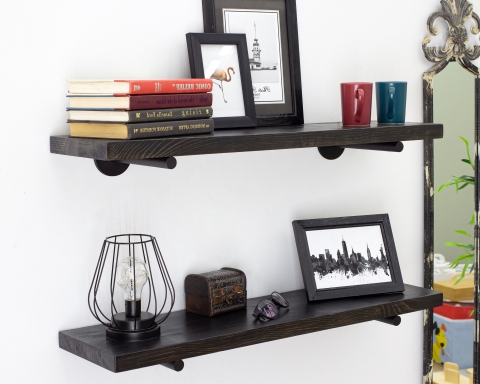 Floating Shelf with Metal Rod Brackets - Black