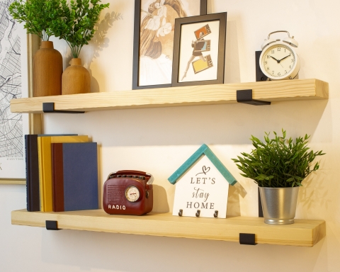 Wooden Shelf with Industrial Metal Brackets - Natural