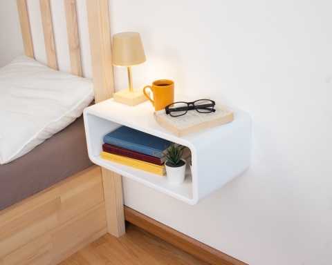 Curved Wooden Floating Nightstand, Handmade Bedside Table - White