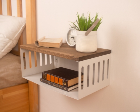 Floating Nightstand with White Metal Base, Minimalist Bedside Table- Vancouver