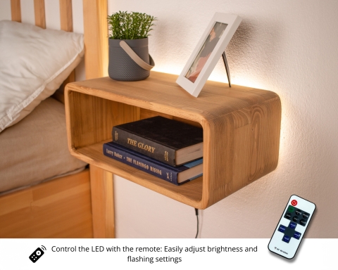 Curved Wooden Floating Nightstand, Handmade Bedside Table with Dimmable LED - Madrid