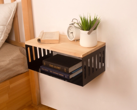 Floating Nightstand with Black Metal Base, Minimalist Bedside Table- Natural 