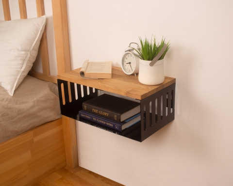 Floating Nightstand with Black Metal Base, Minimalist Bedside Table- Madrid