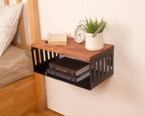 Floating Nightstand with Black Metal Base, Minimalist Bedside Table- Paris
