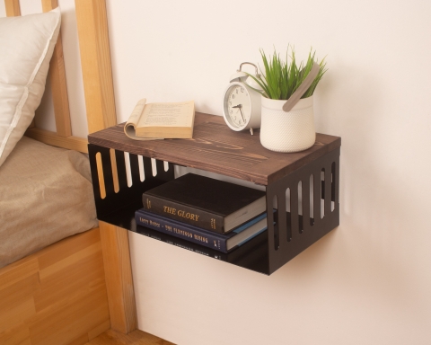 Floating Nightstand with Black Metal Base, Minimalist Bedside Table- London