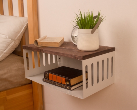 Floating Nightstand with White Metal Base, Minimalist Bedside Table- London