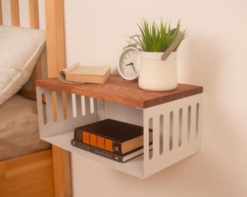 Floating Nightstand with White Metal Base, Minimalist Bedside Table- Paris