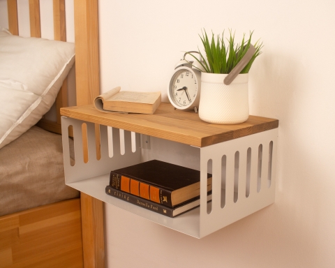 Floating Nightstand with White Metal Base, Minimalist Bedside Table- Madrid