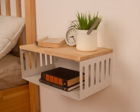 Floating Nightstand with White Metal Base, Minimalist Bedside Table- Natural