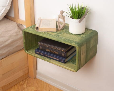 Green Curved Wooden Floating Nightstand, Handmade Bedside Table - Jakarta