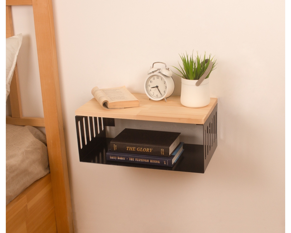 Floating Nightstand with Black Metal Base, Minimalist Bedside Table- Natural 