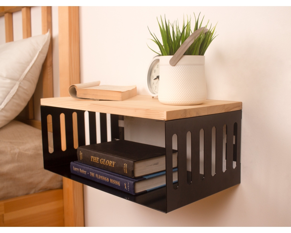 Floating Nightstand with Black Metal Base, Minimalist Bedside Table- Natural 