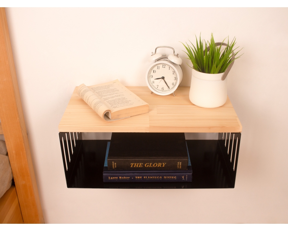 Floating Nightstand with Black Metal Base, Minimalist Bedside Table- Natural 