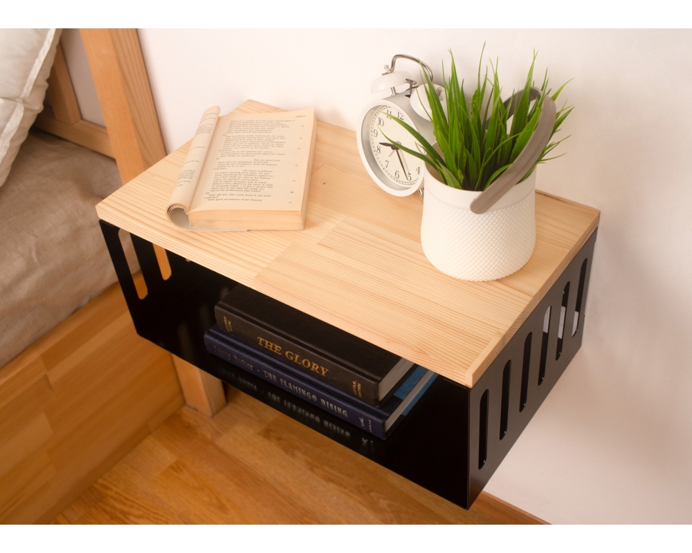 Floating Nightstand with Black Metal Base, Minimalist Bedside Table- Natural 